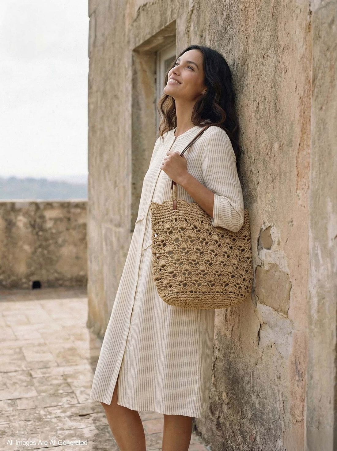 Crochet Woven Fan-Shape Shoulder Tote Bag by LINTICO