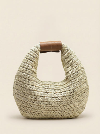 Round Crochet Woven Handheld Straw Bag by LINTICO