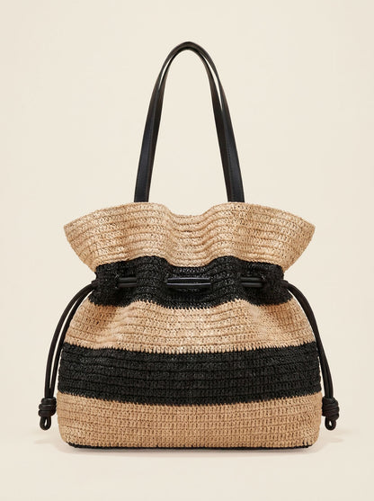 Crochet Woven Drawstring Shoulder Tote Bag by LINTICO
