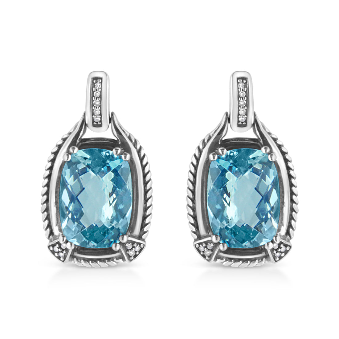 .925 Sterling Silver 14x10MM Cushion Cut Blue Topaz Gemstone and Diamond Accent Dangle Earring (I-J Color, I1-I2 Clarity) by Bids.com