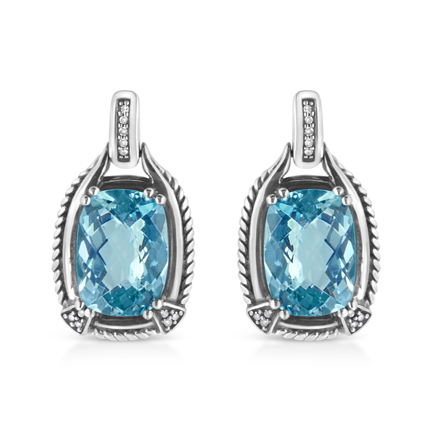 .925 Sterling Silver 14x10MM Cushion Cut Blue Topaz Gemstone and Diamond Accent Dangle Earring (I-J Color, I1-I2 Clarity) by Bids.com