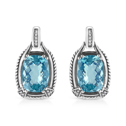 .925 Sterling Silver 14x10MM Cushion Cut Blue Topaz Gemstone and Diamond Accent Dangle Earring (I-J Color, I1-I2 Clarity) by Bids.com