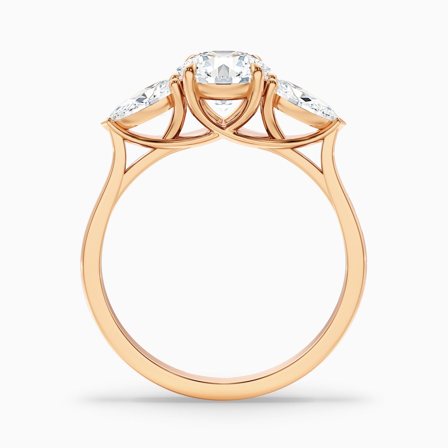 Amaya 1.5 Carat Round 3 Stone Moissanite Diamond Ring With Pear Side Stone in 18k Rose Gold