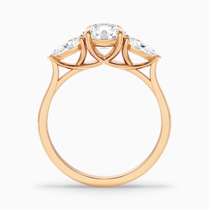 Amaya 3 Carat Round 3 Stone Moissanite Diamond Ring With Pear Side Stone in 14k Rose Gold  DestGlow