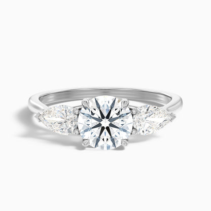 Amaya 4.5 Carat Round 3 Stone Moissanite Diamond Ring With Pear Side Stone in Platinum