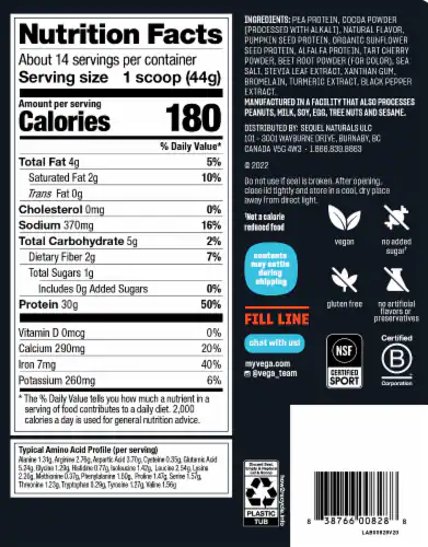 Vega Sport Protein Powder – Chocolate – 27.8 oz (Plant-Based) by Top Vita Shop