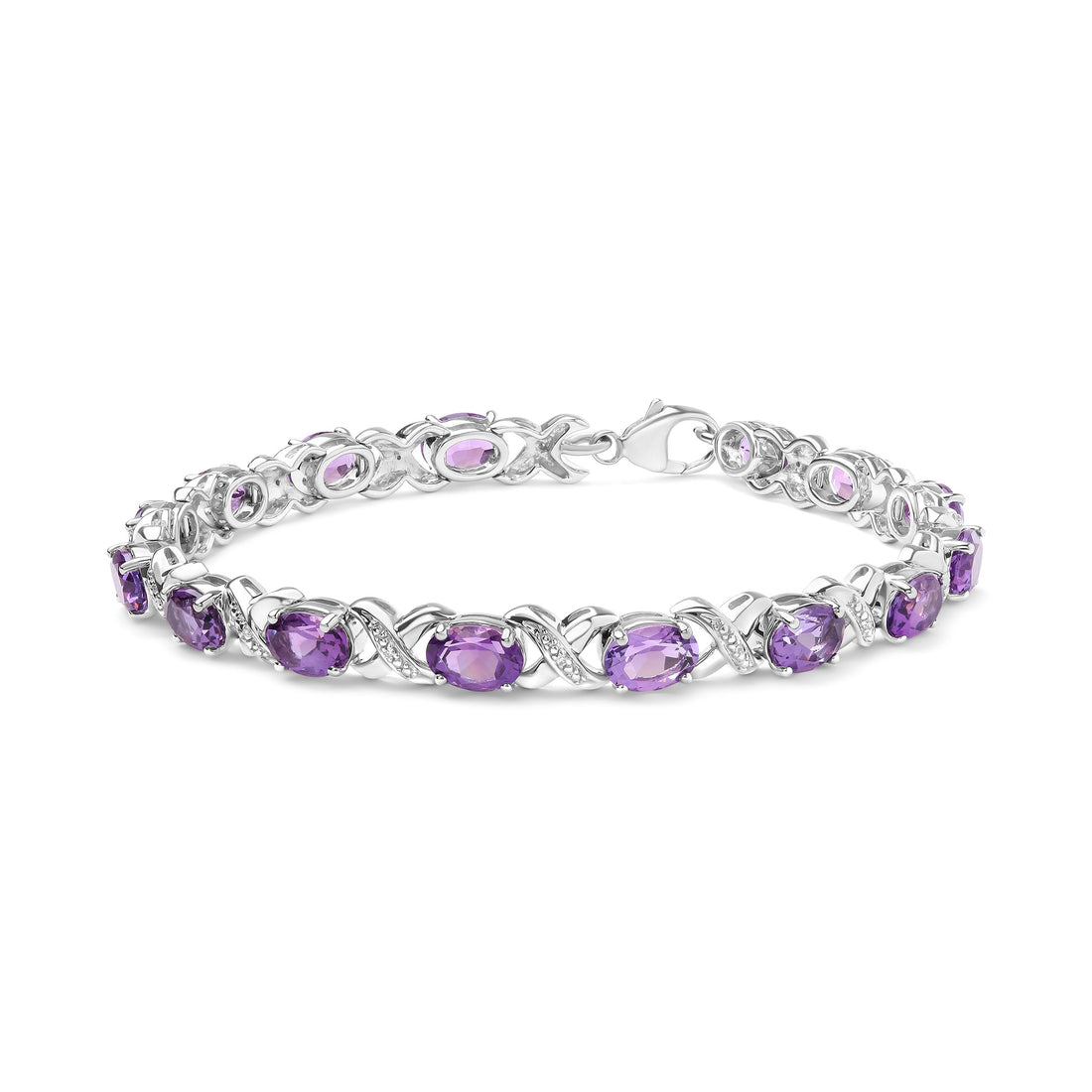 .925 Sterling Silver 7x5mm Oval Amethyst and Diamond Accent X-Link Bracelet (H-I Color, SI1-SI2 Clarity)  - Size 7"  DestGlow