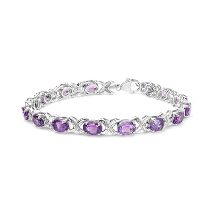 .925 Sterling Silver 7x5mm Oval Amethyst and Diamond Accent X-Link Bracelet (H-I Color, SI1-SI2 Clarity)  - Size 7"  DestGlow
