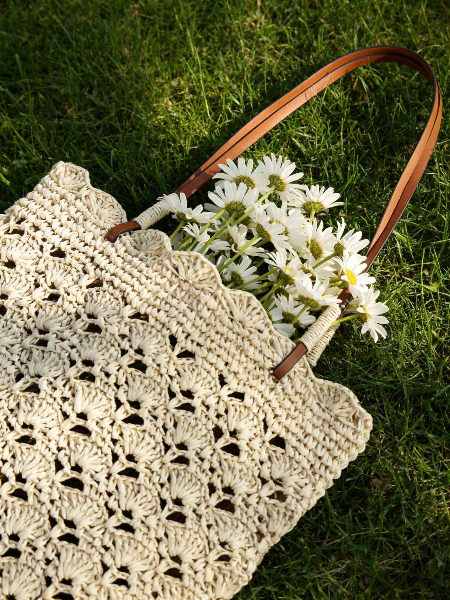 Crochet Woven Fan-Shape Shoulder Tote Bag by LINTICO