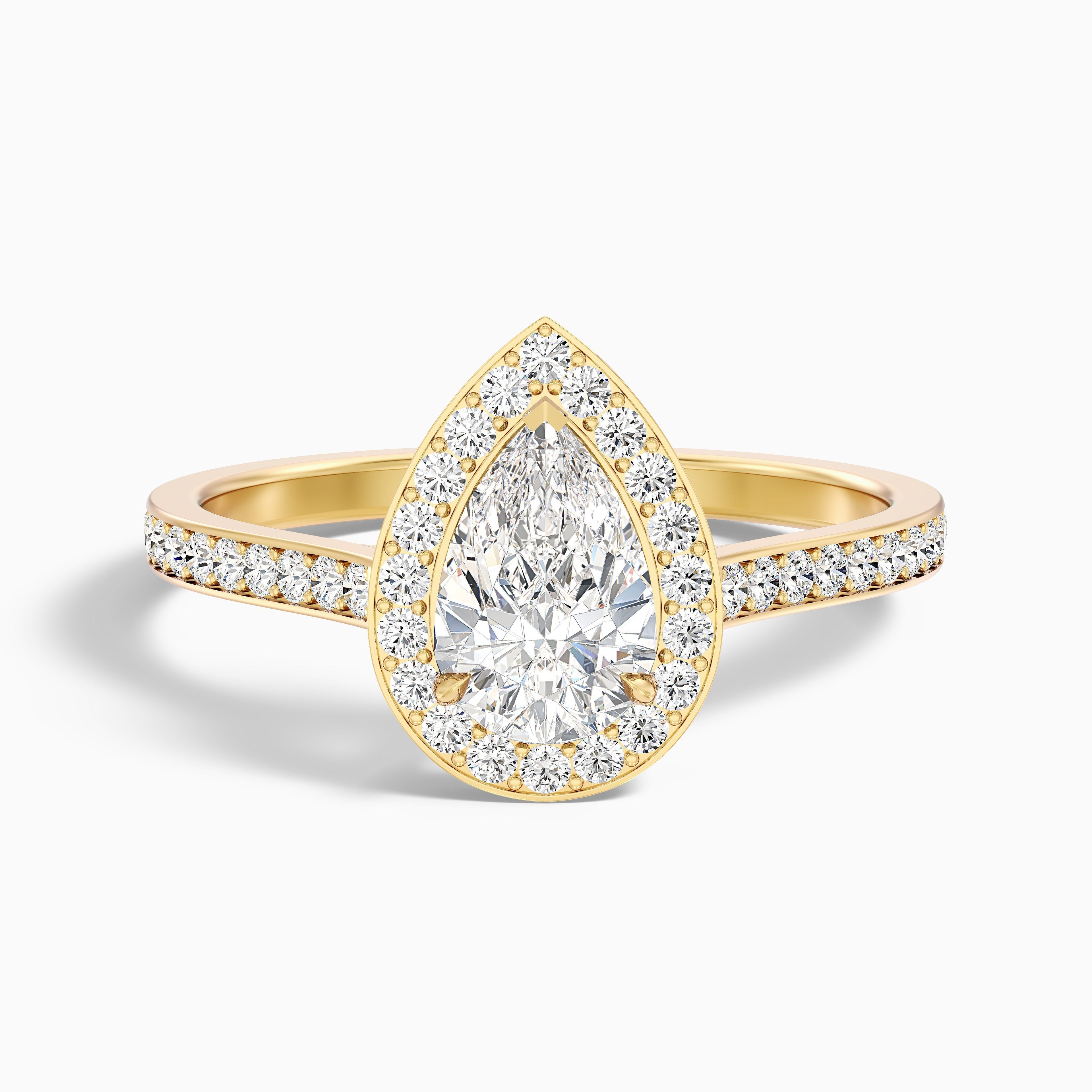 Elena 2.5 Carat Pear Halo Pave Moissanite Diamond Ring in 14k Yellow Gold  DestGlow