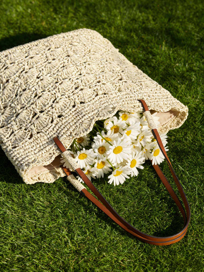 Crochet Woven Fan-Shape Shoulder Tote Bag by LINTICO