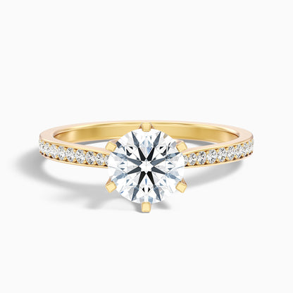 Esha 5 Carat Round Side Stone Pave Moissanite Diamond Ring in 14k Yellow Gold