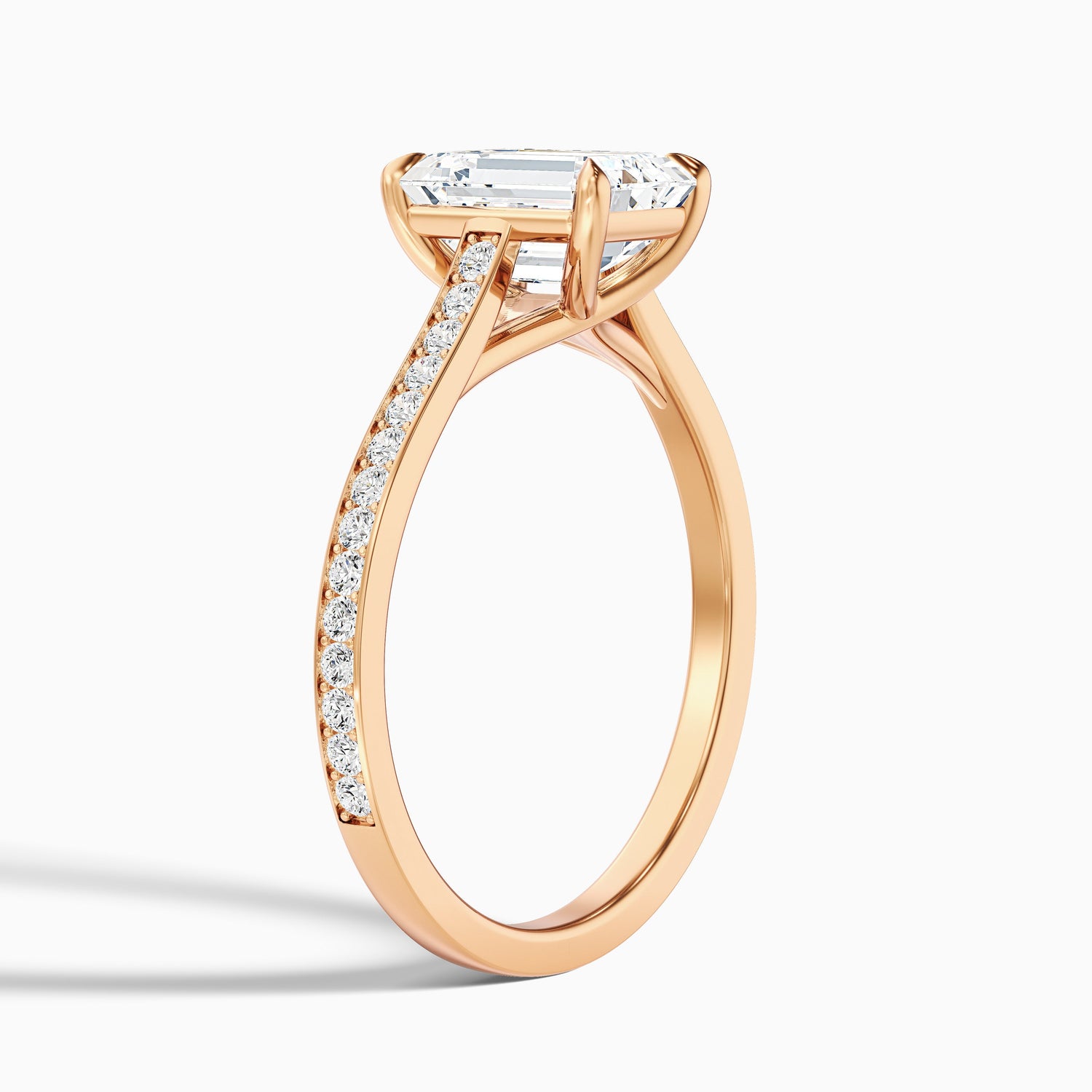 Enni 5 Carat Emerald Cut Side Stone Pave Moissanite Diamond Ring in 18k Rose Gold
