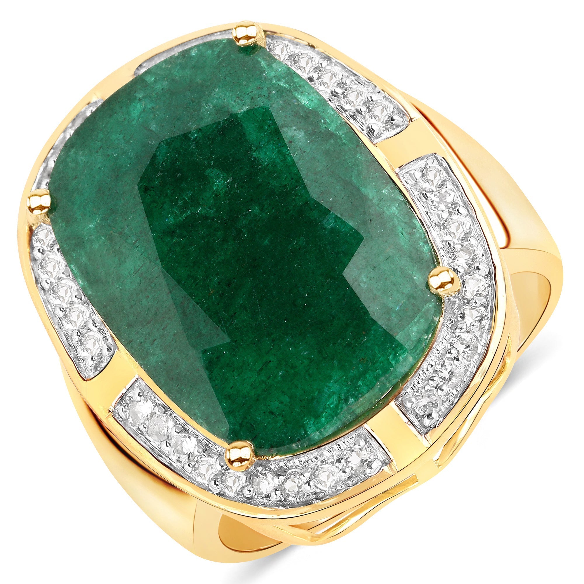 14K Yellow Gold Plated 10.51 Carat Dyed Emerald and White Topaz .925 Sterling Silver Ring  DestGlow