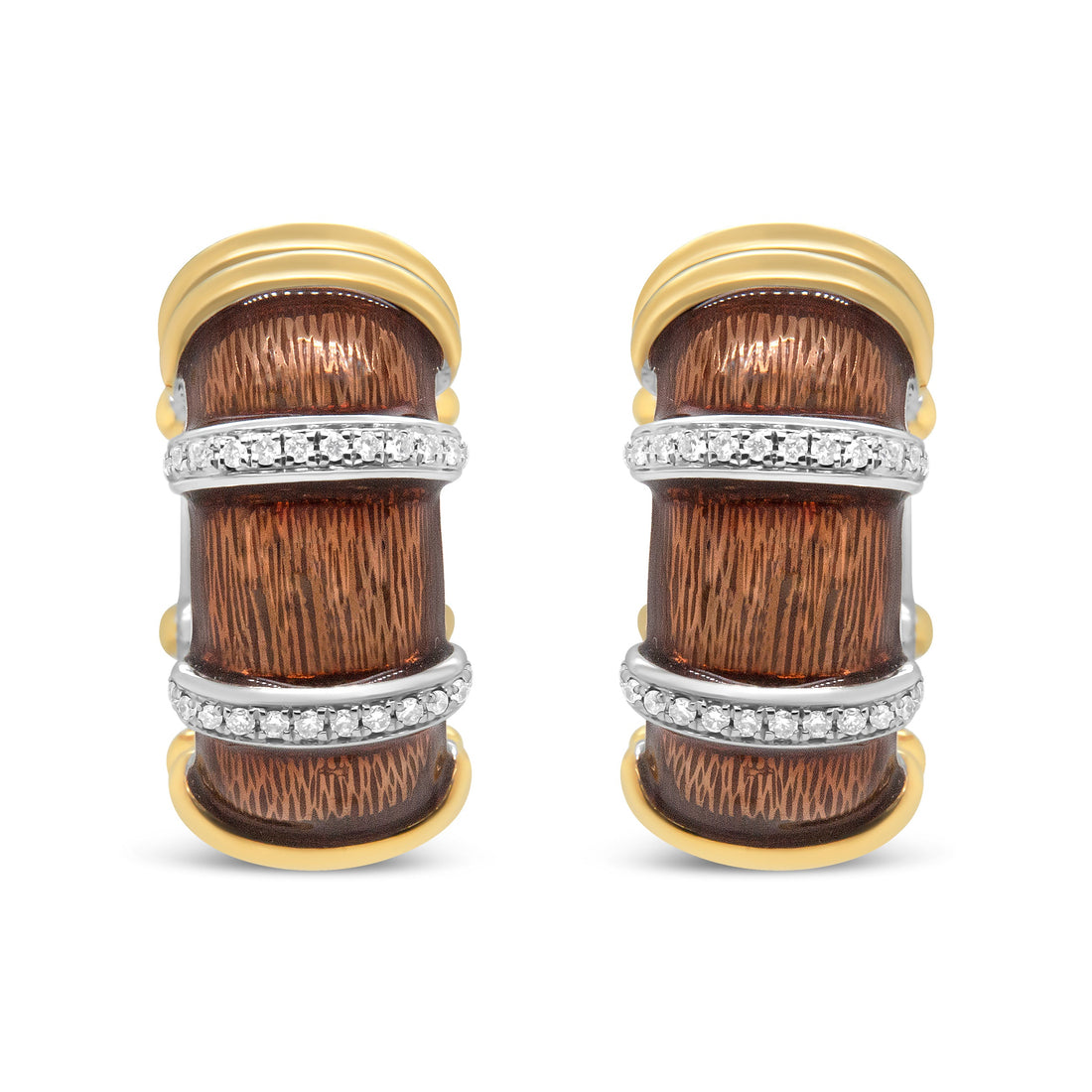 18K Yellow and White Gold Flash Plated .925 Sterling Silver Clear Brown Enamel 9/10 Cttw Round Diamonds Huggie Hoop Earrings (F-G Color, VS1-VS2 Clarity) by Bids.com