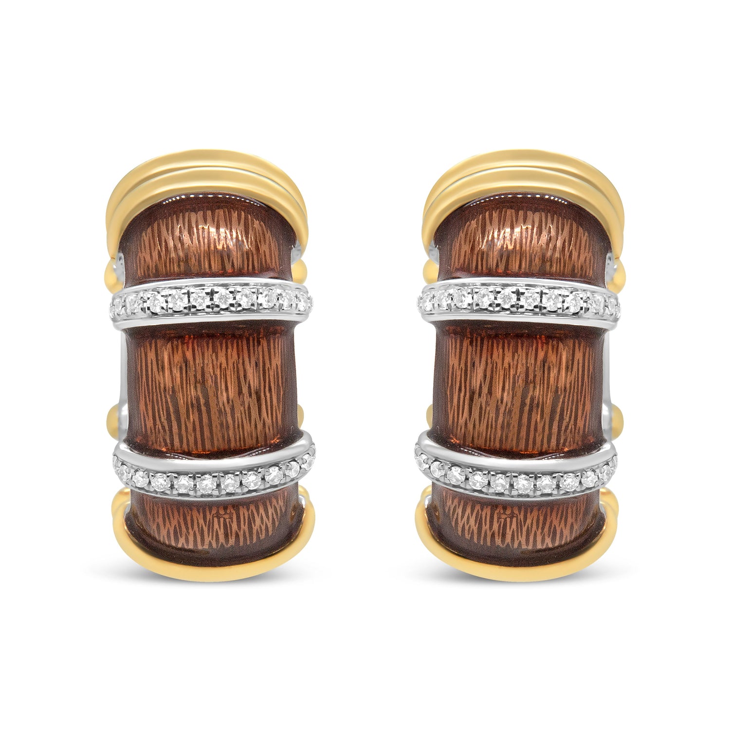 18K Yellow and White Gold Flash Plated .925 Sterling Silver Clear Brown Enamel 9/10 Cttw Round Diamonds Huggie Hoop Earrings (F-G Color, VS1-VS2 Clarity) by Bids.com