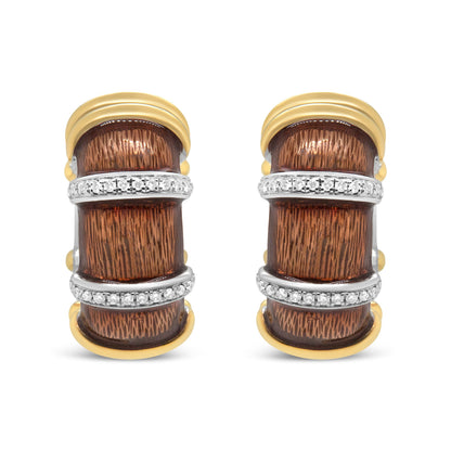 18K Yellow and White Gold Flash Plated .925 Sterling Silver Clear Brown Enamel 9/10 Cttw Round Diamonds Huggie Hoop Earrings (F-G Color, VS1-VS2 Clarity) by Bids.com