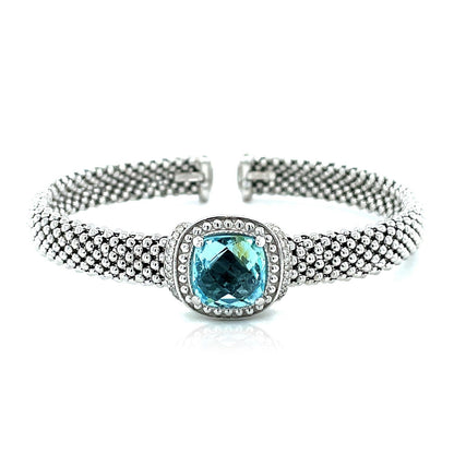 Popcorn Texture Cuff Bangle with Blue Topaz and Diamonds in Sterling Silver by Bids.com
