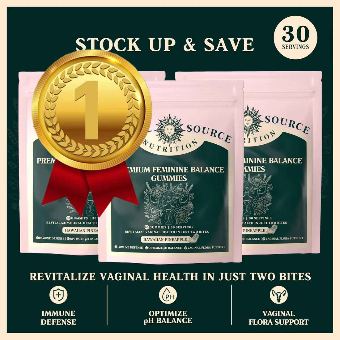 Vital Source Nutrition - Premium Feminine Balance Gummies - for Women’s Health &amp; Wellness - Immune Support - Vegan, Gluten-Free &amp; Halal - Hawaiian Pineapple - 60 Gummies - 30 Servings