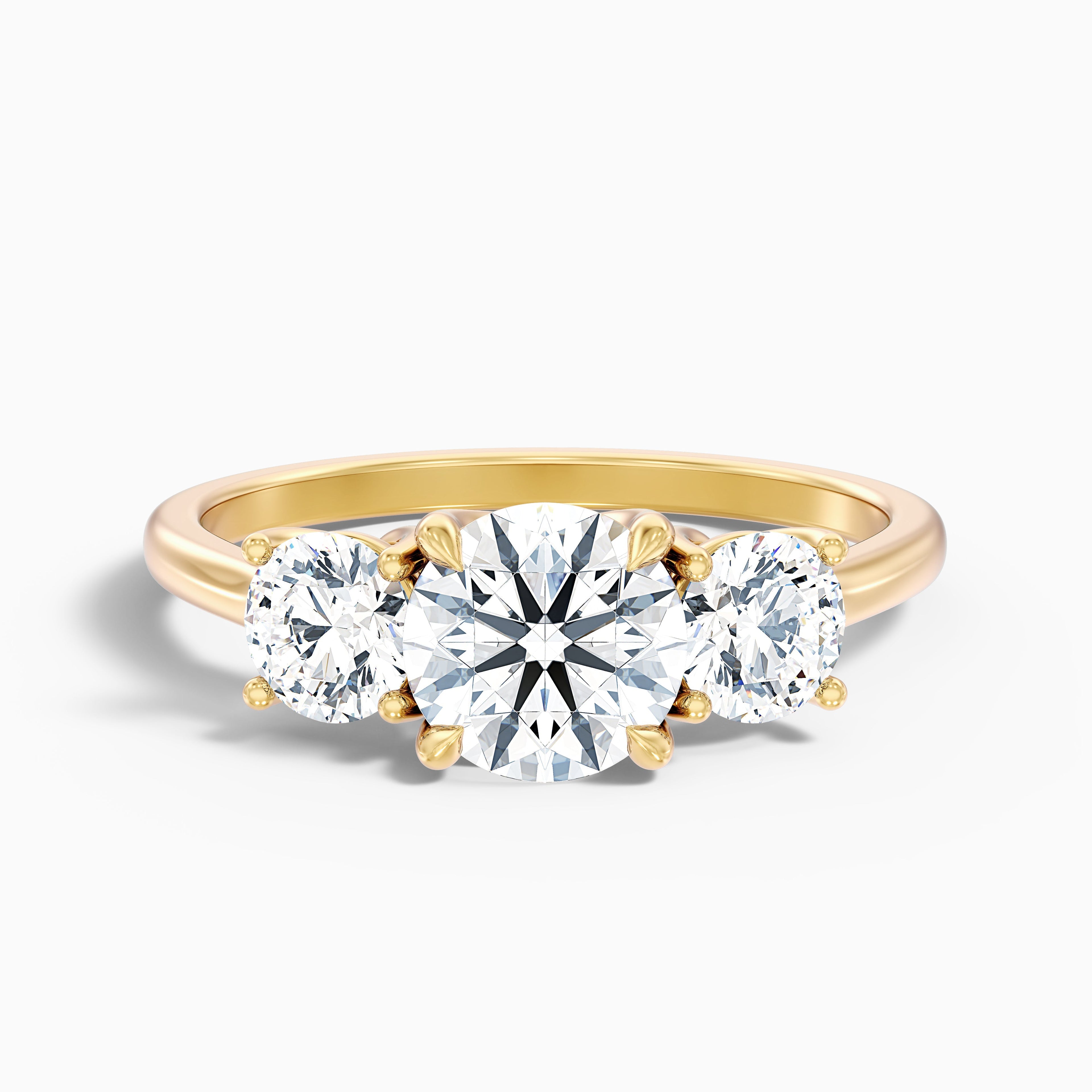 Skye 7 Carat Round 3 Stone Moissanite Engagement Ring in 14k Yellow Gold