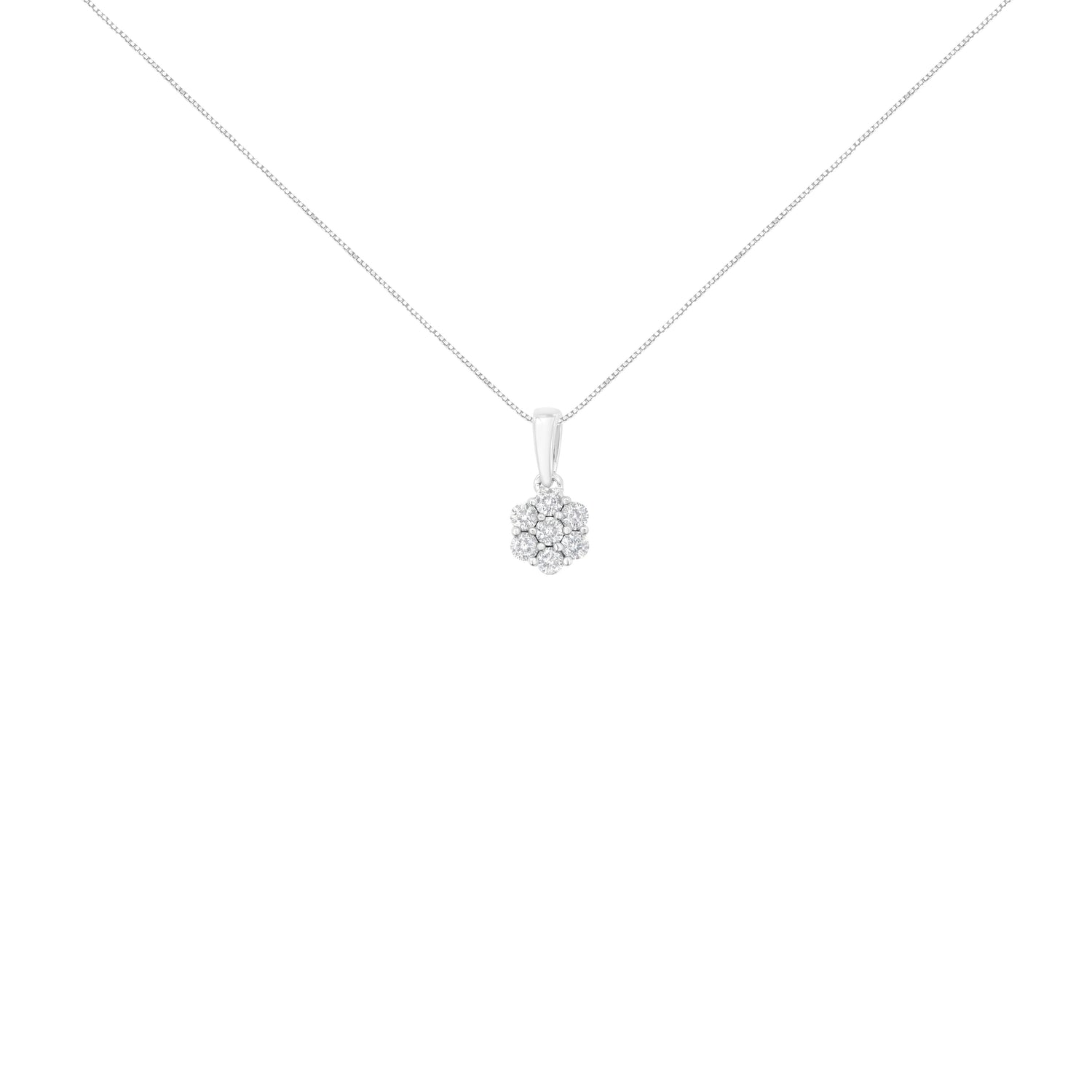 14K White Gold 1/2 cttw Prong Set Round-Cut Diamond 7 Stone Floral Cluster 18" Pendant Necklace (H-I Color, I1-I2 Clarity) by Bids.com