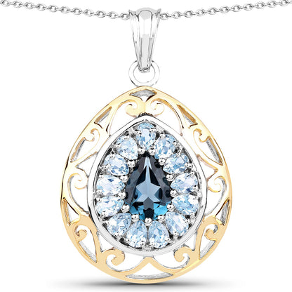18K Yellow Gold Plated 4.44 Carat Genuine London Blue Topaz and Blue Topaz .925 Sterling Silver Pendant by Bids.com