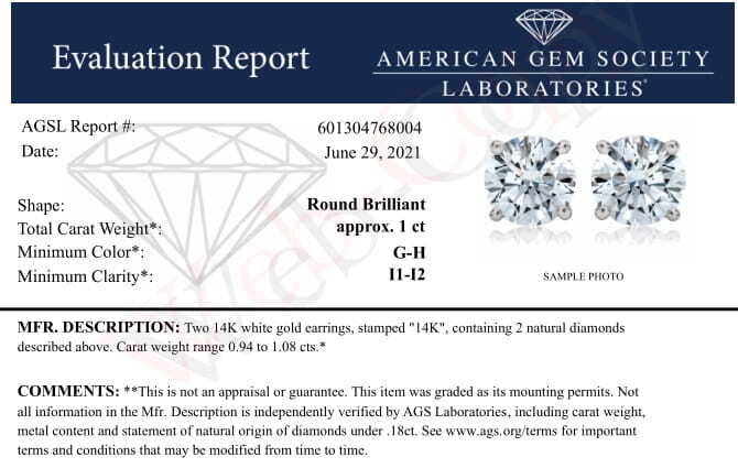 AGS Certified 14K White Gold 1.0 cttw 4-Prong Set Brilliant Round-Cut Solitaire Diamond Push Back Stud Earrings (G-H Color, I1-I2 Clarity) by Bids.com