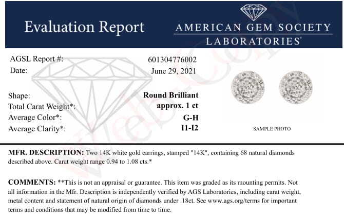 AGS Certified 14K White Gold 1.0 Cttw Brilliant-Cut Diamond Halo-Style Cluster Round Button Stud Earrings (G-H Color, I1-I2 Clarity) by Bids.com