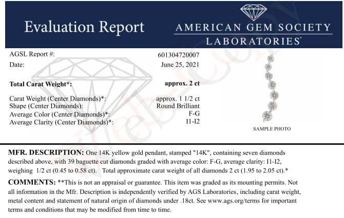 AGS Certified 14K Yellow Gold 2.0 Cttw Baguette and Brilliant Round-Cut Diamond Journey 18" Pendant Necklace (F-G Color, I1-I2 Clarity) by Bids.com