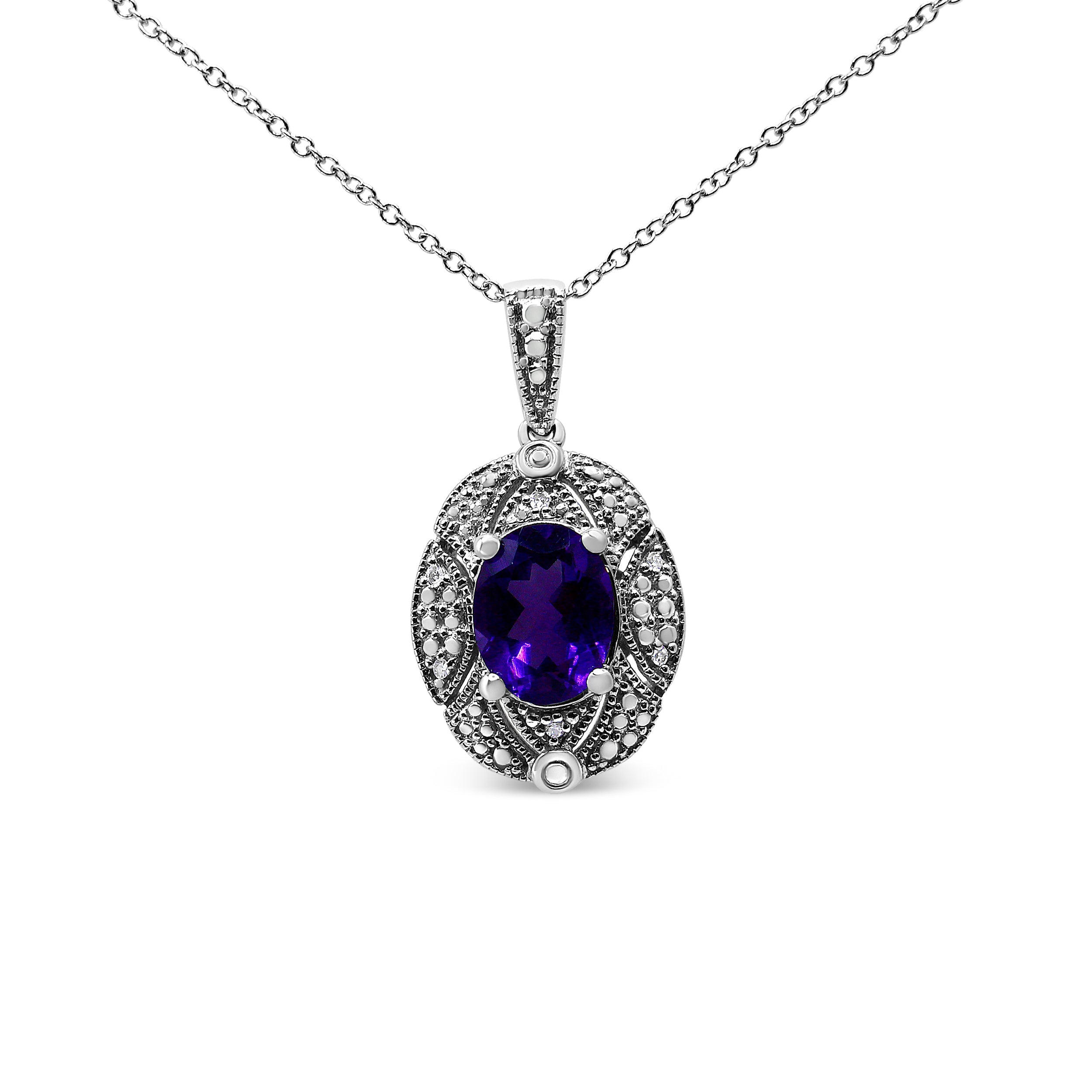.925 Sterling Silver Diamond Accent and 9x7mm Purple Oval Amethyst Gemstone Pendant 18" Necklace (I-J Color, I1-I2 Clarity) by Bids.com