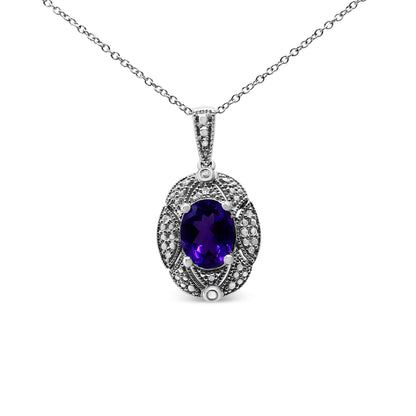 .925 Sterling Silver Diamond Accent and 9x7mm Purple Oval Amethyst Gemstone Pendant 18" Necklace (I-J Color, I1-I2 Clarity) by Bids.com