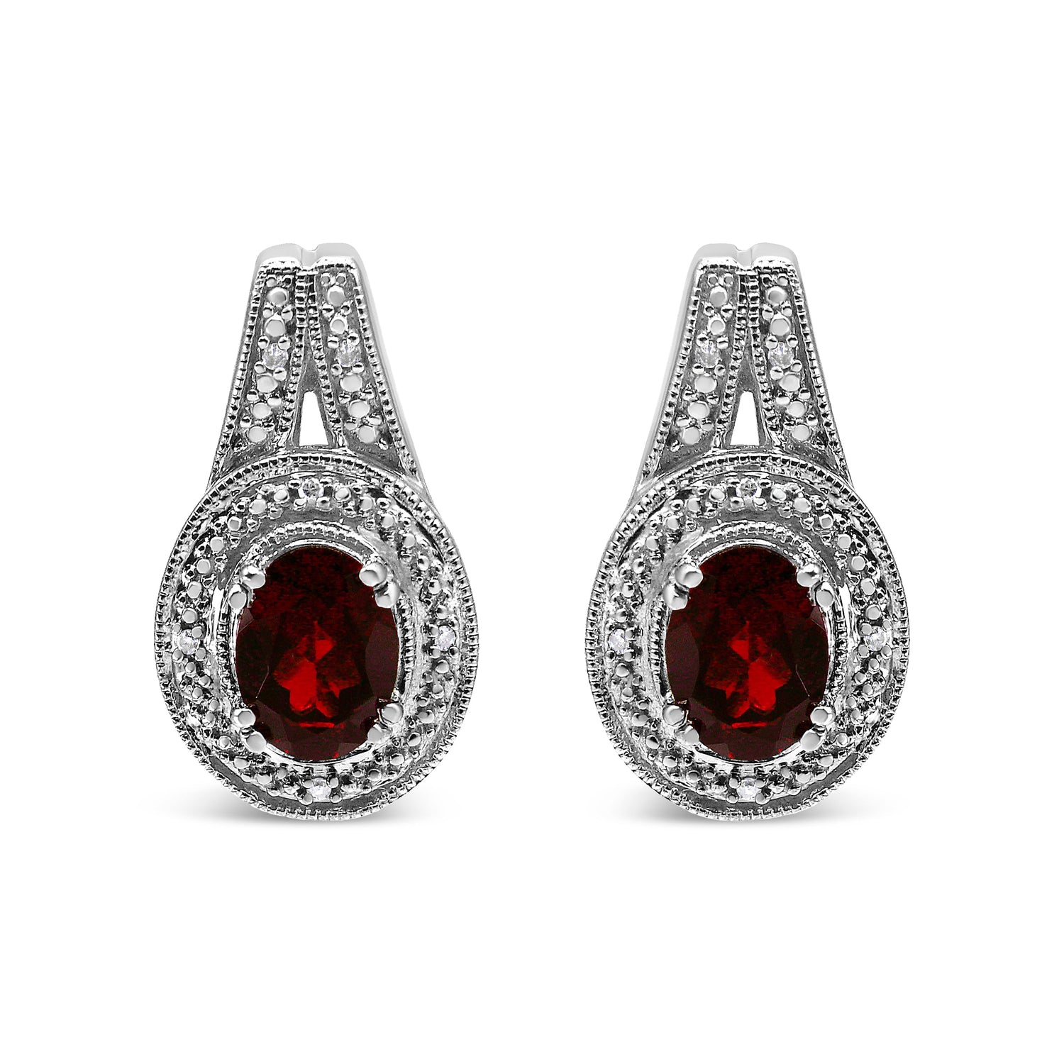 .925 Sterling Silver Diamond Accent and 8x6mm Red Oval Garnet Stud Earrings (I-J Color, I1-I2 Clarity) by Bids.com