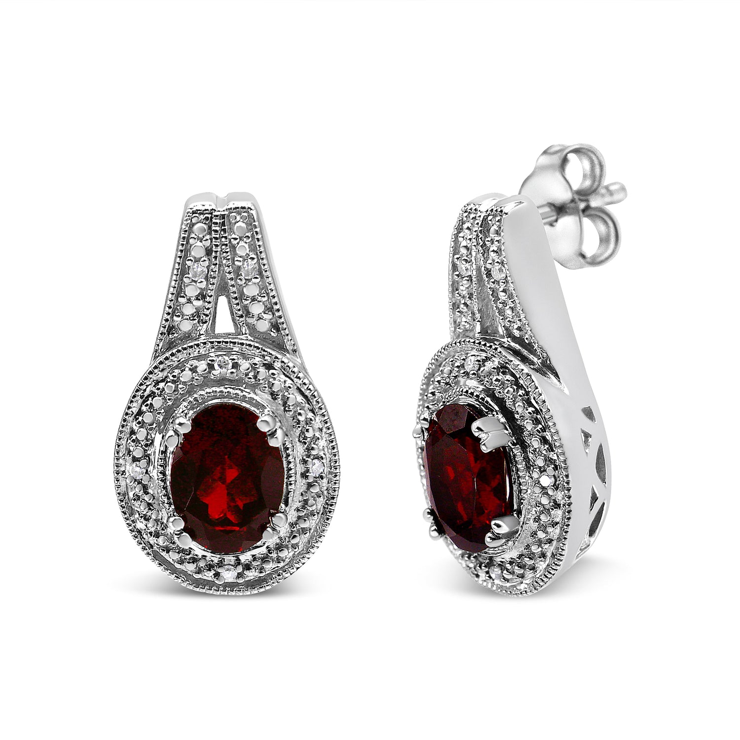 .925 Sterling Silver Diamond Accent and 8x6mm Red Oval Garnet Stud Earrings (I-J Color, I1-I2 Clarity) by Bids.com