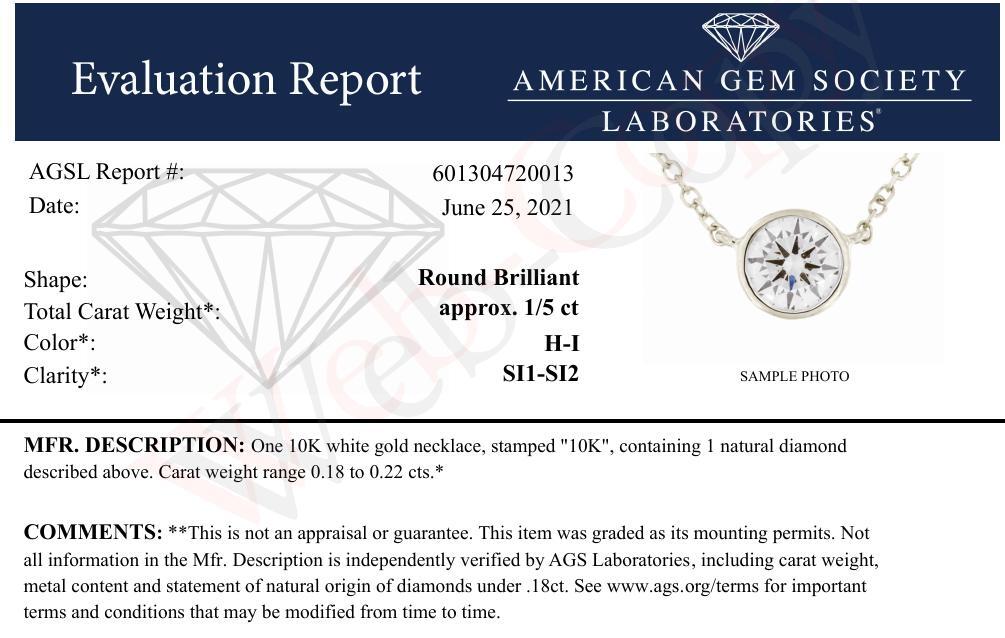 AGS Certified 10K White Gold 1/5 Cttw Bezel Set Round Diamond Solitaire 16-18" Adjustable Pendant Necklace (H-I Color, SI1-SI2 Clarity) by Bids.com