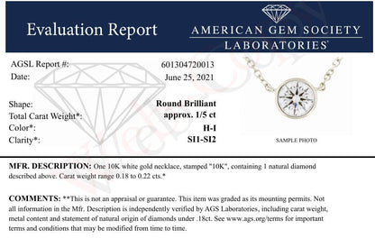 AGS Certified 10K White Gold 1/5 Cttw Bezel Set Round Diamond Solitaire 16-18" Adjustable Pendant Necklace (H-I Color, SI1-SI2 Clarity) by Bids.com
