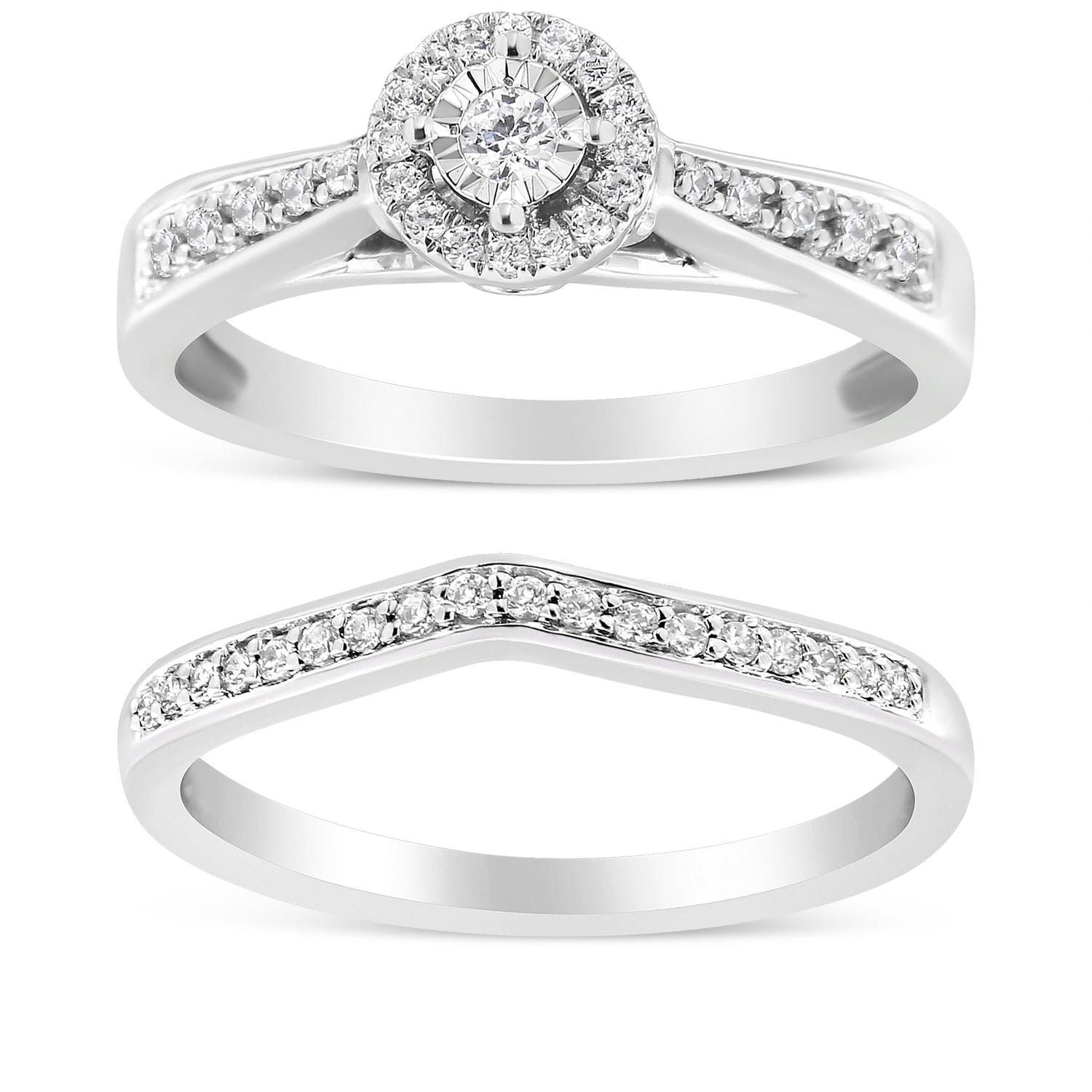 .925 Sterling Silver 1/3 Cttw Diamond Halo and Pave Shank Engagement Ring Set (I-J Color, I3 Clarity) - Ring Size 7 by Bids.com