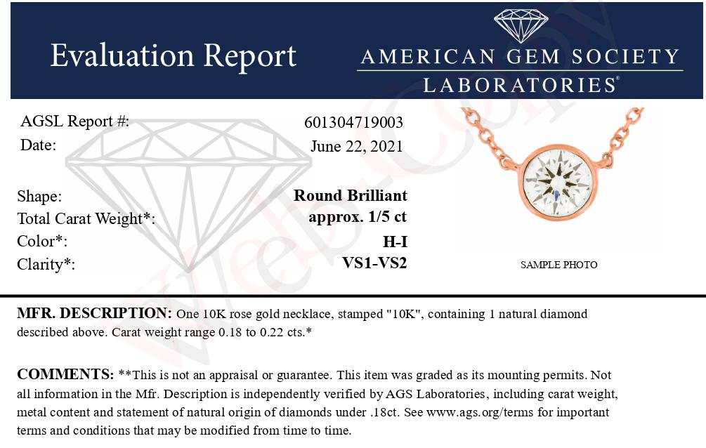 AGS Certified 10K Rose Gold 1/5 Cttw Bezel Set Round Diamond Solitaire 16-18" Adjustable Pendant Necklace (H-I Color, VS1-VS2 Clarity) by Bids.com