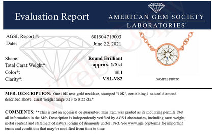 AGS Certified 10K Rose Gold 1/5 Cttw Bezel Set Round Diamond Solitaire 16-18" Adjustable Pendant Necklace (H-I Color, VS1-VS2 Clarity) by Bids.com