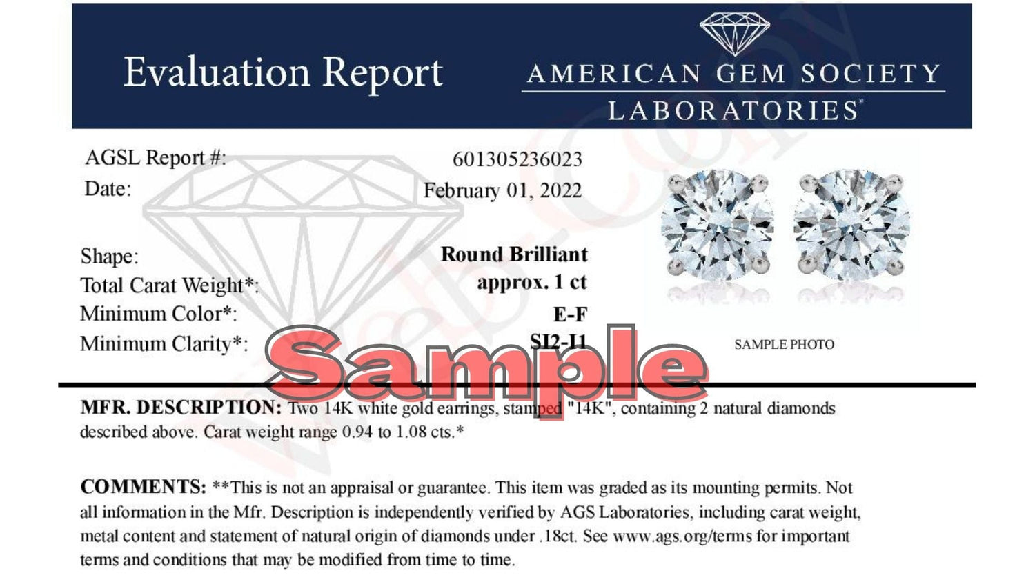 AGS Certified 14K White Gold 1.0 Cttw 4-Prong Set Brilliant Round-Cut Solitaire Diamond Push Back Stud Earrings (E-F Color, SI2-I1 Clarity) by Bids.com