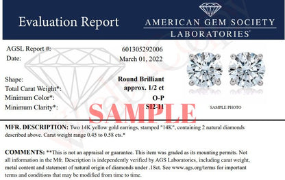 AGS Certified 14K Yellow Gold 1/2 Cttw 4 Prong Set Brilliant Round-Cut Solitaire Diamond Push Back Stud Earrings (O-P, Color, SI2-I1 Clarity) by Bids.com