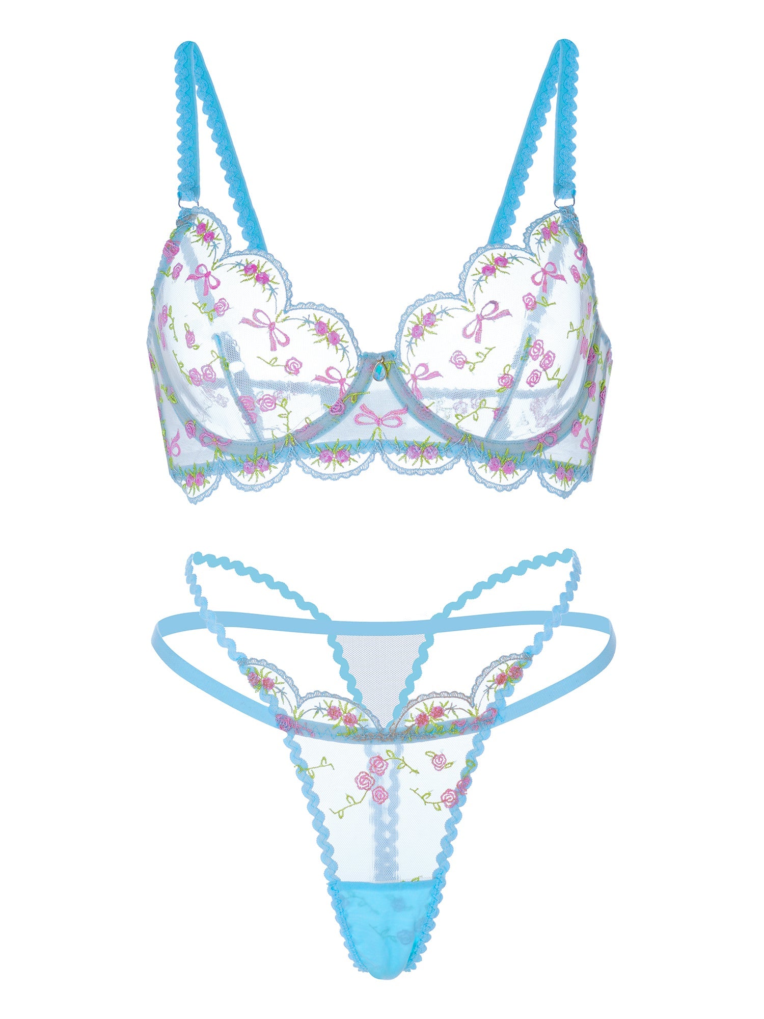 Light Blue Floral Lace Lingerie Set 