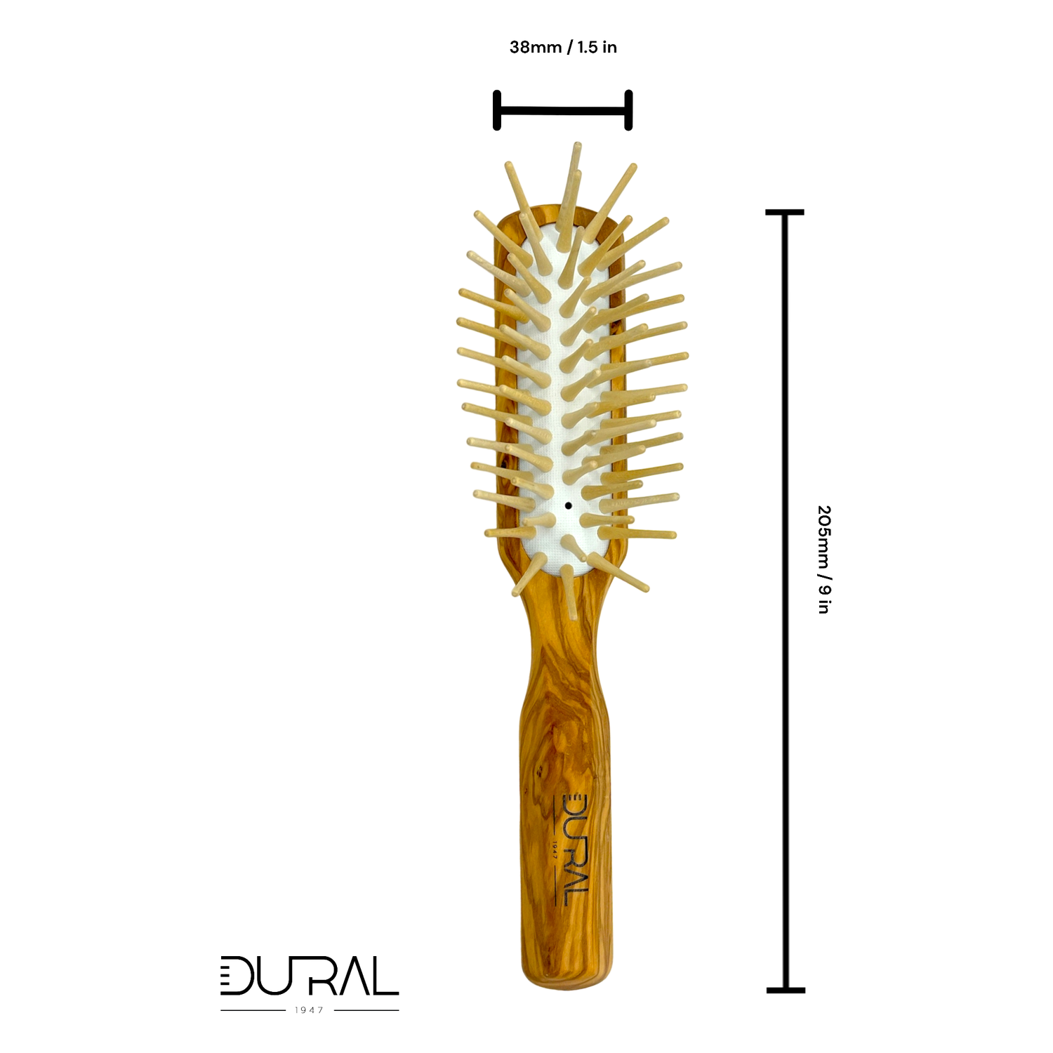Dural Olive wood rubber cushion hair brush with long wooden pins by Pasteur Pharmacy