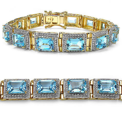 14K Yellow Gold Plated 24.05 Carat Genuine Blue Topaz .925 Sterling Silver Bracelet  DestGlow