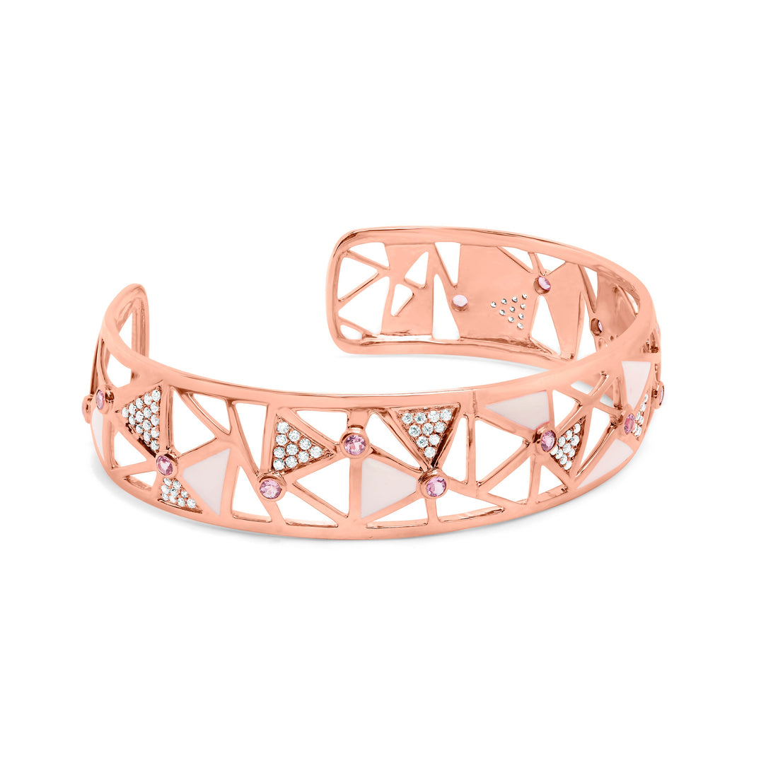 14K Rose Gold 5/8 Cttw Diamond with Pink Tourmaline Open Cuff Bangle with White Enamel (G-H Color, SI1-SI2 Clarity) - 7" by Bids.com