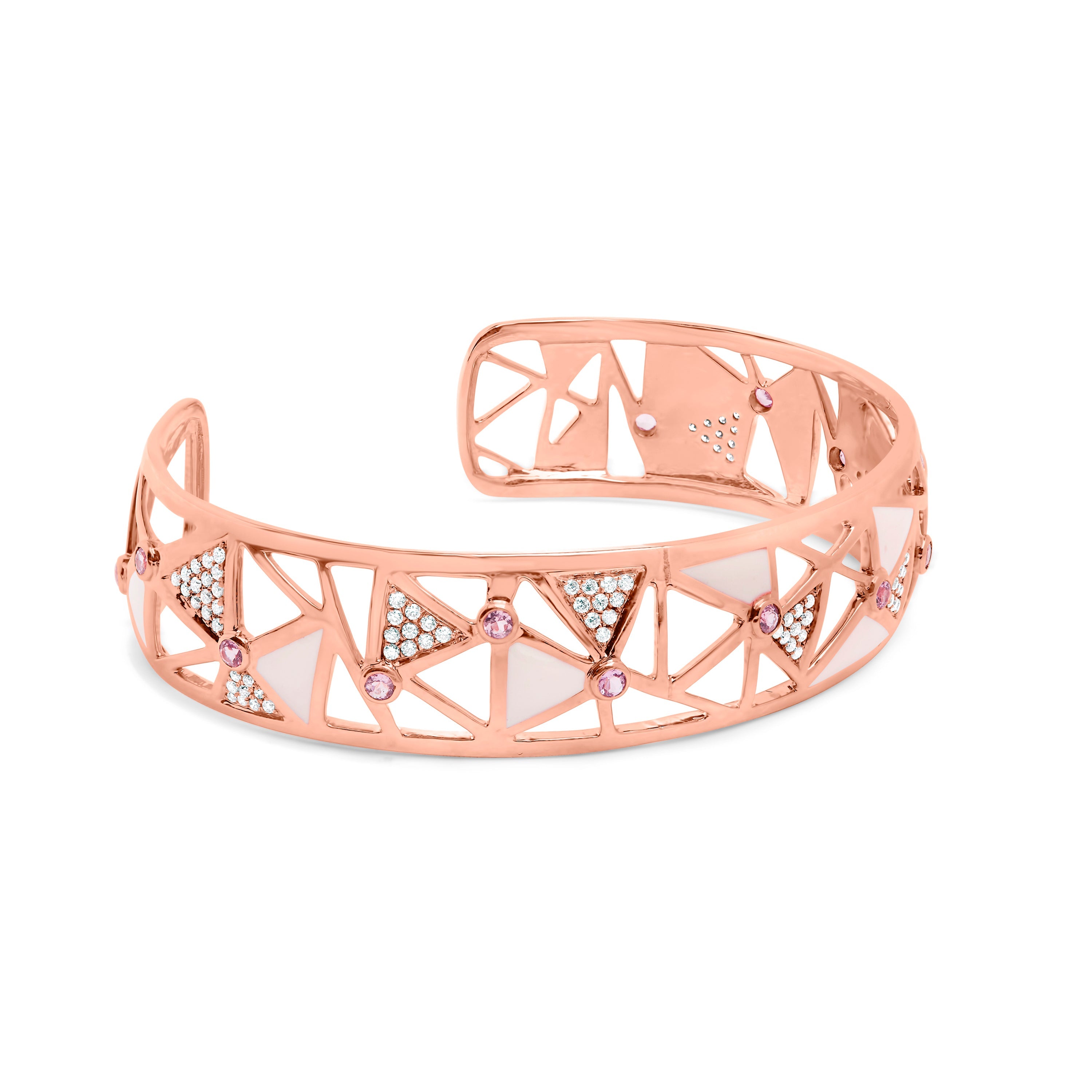 14K Rose Gold 5/8 Cttw Diamond with Pink Tourmaline Open Cuff Bangle with White Enamel (G-H Color, SI1-SI2 Clarity) - 7" by Bids.com