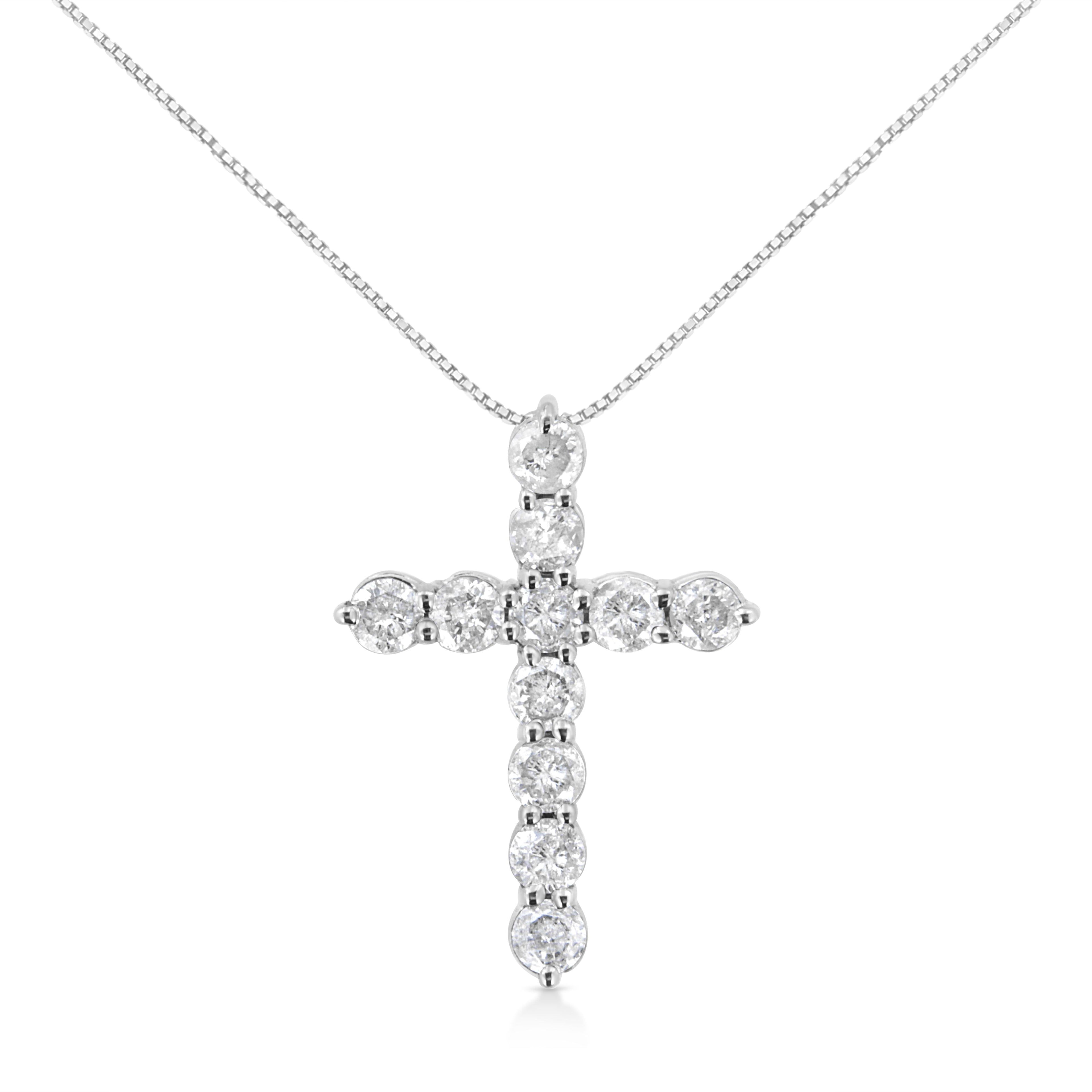 .925 Sterling Silver 1.0 Cttw Prong Set Round-Cut Diamond Cross 18" Pendant Necklace (I-J Color, I2-I3 Clarity)  DestGlow