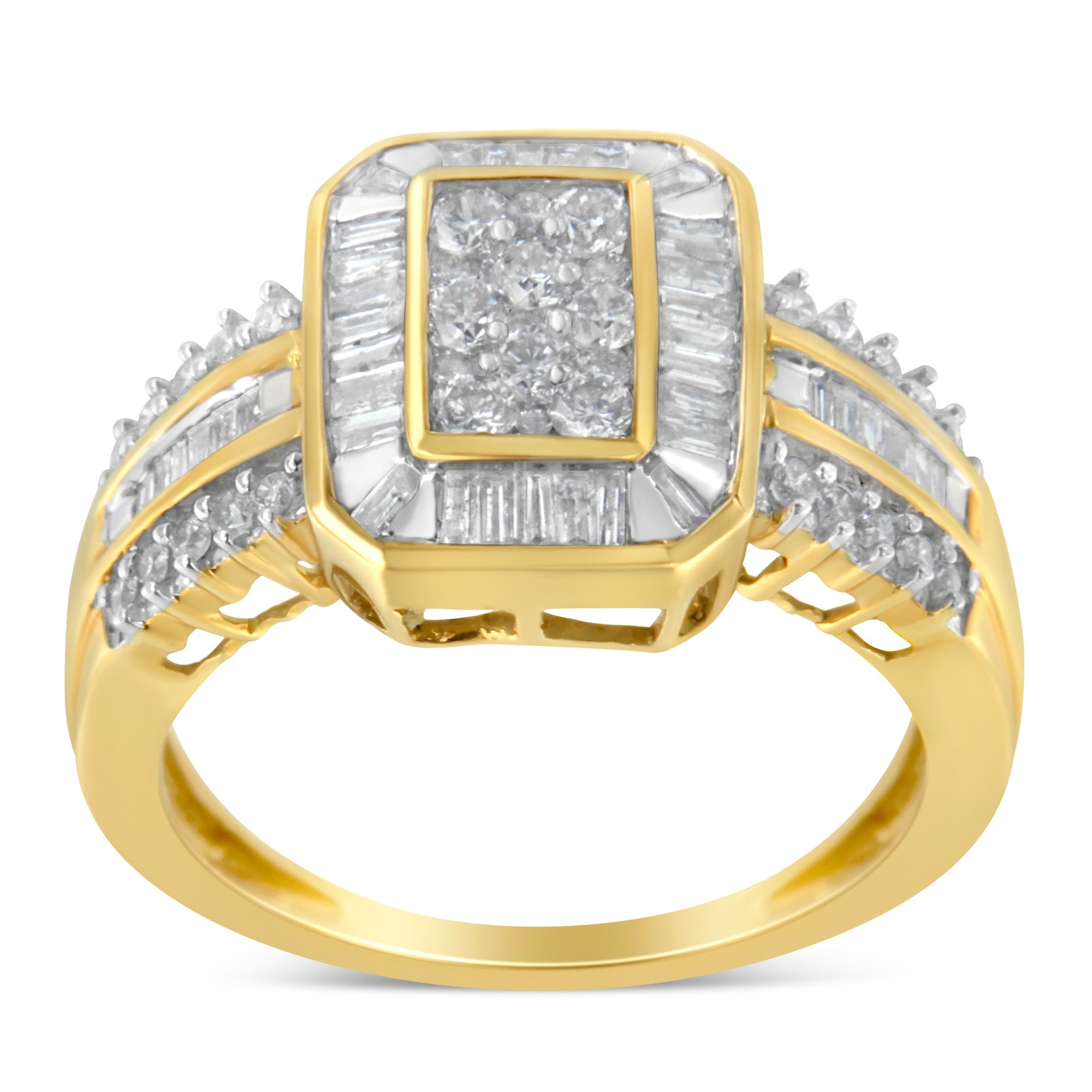 10K Yellow Gold Round and Baguette-Cut Diamond Cocktail Ring (1.0 Cttw, H-I Color, SI2-I1 Clarity) - Size 7 by Bids.com