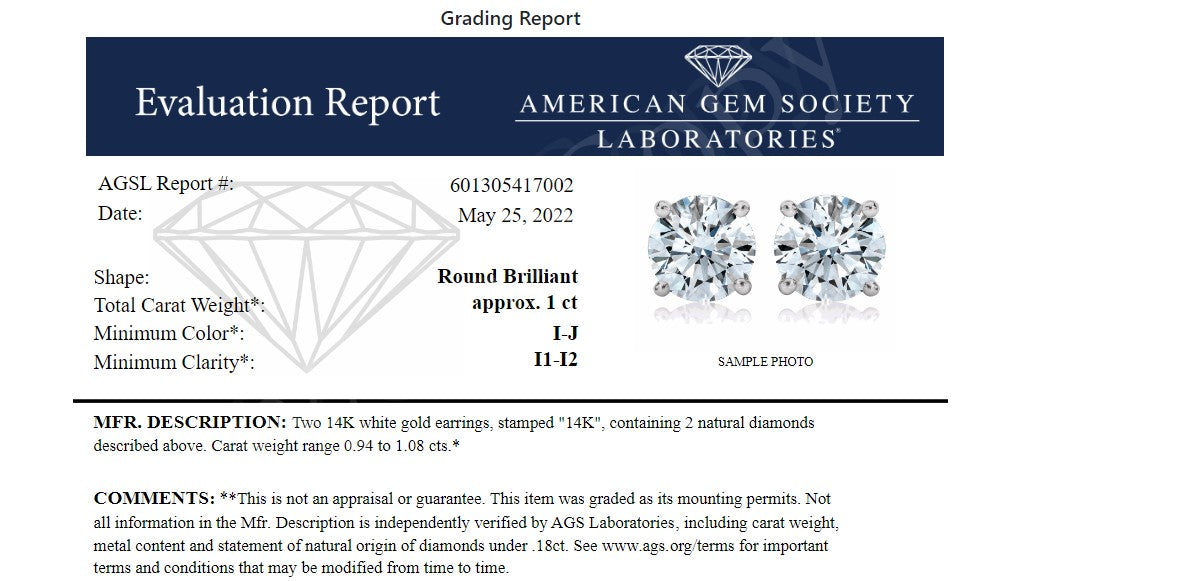 AGS Certified 14K White Gold 1.0 Cttw 4-Prong Set Brilliant Round-Cut Solitaire Diamond Push Back Stud Earrings (I-J Color, I1-I2 Clarity) by Bids.com