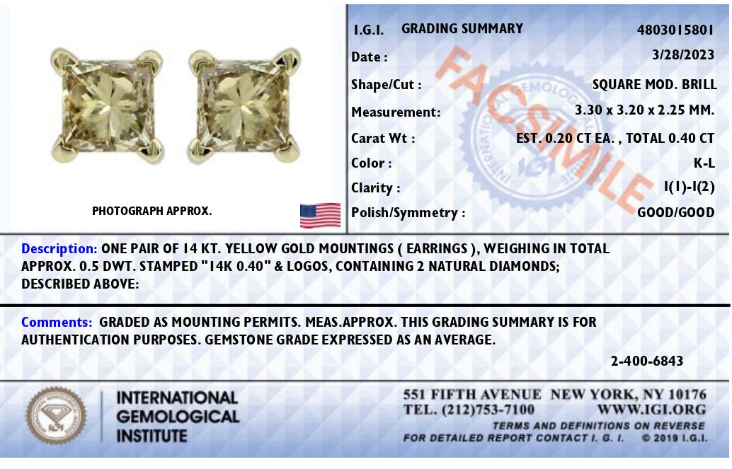 IGI Certified 3/8 Cttw Princess-Cut Square Diamond 4-Prong Solitaire Stud Earrings in 14K Yellow Gold (K-L Color, I1-I2 Clarity) by Bids.com