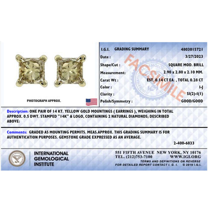IGI Certified 14K Yellow Gold 1/4 Cttw Princess-Cut Diamond Solitaire Stud Earrings by Bids.com